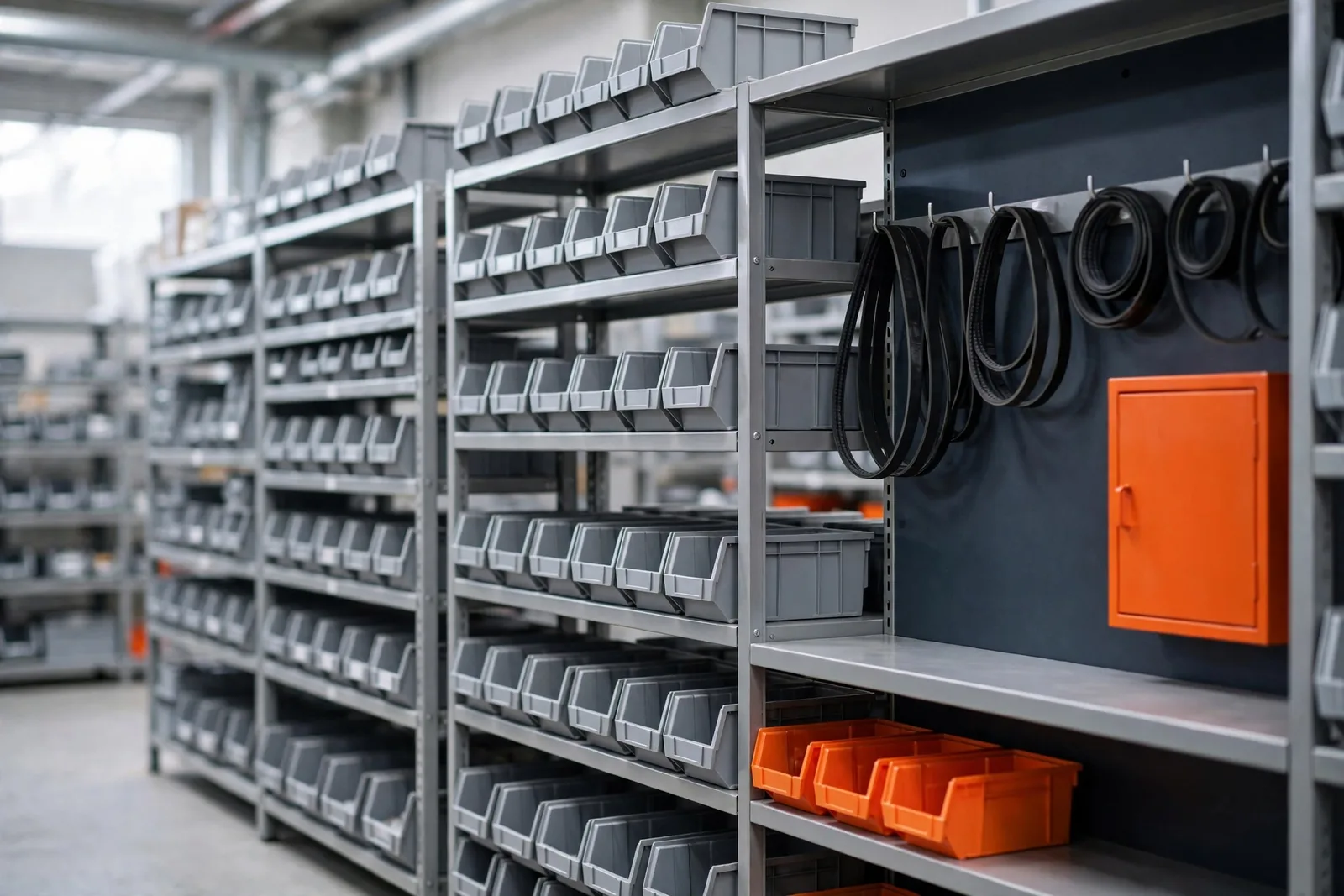 Spare parts bins on steel shelving in a plant store