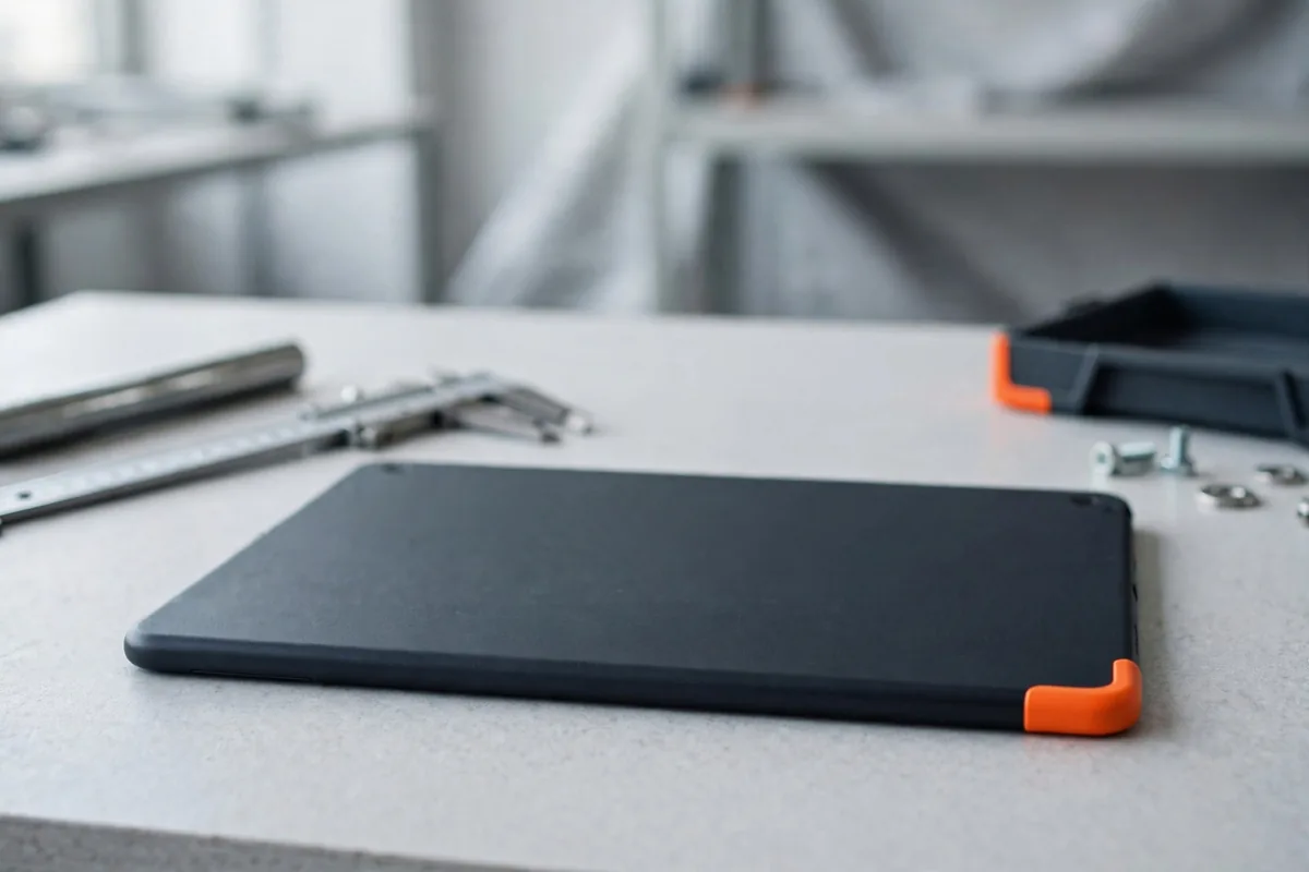 A tablet face down on a workbench