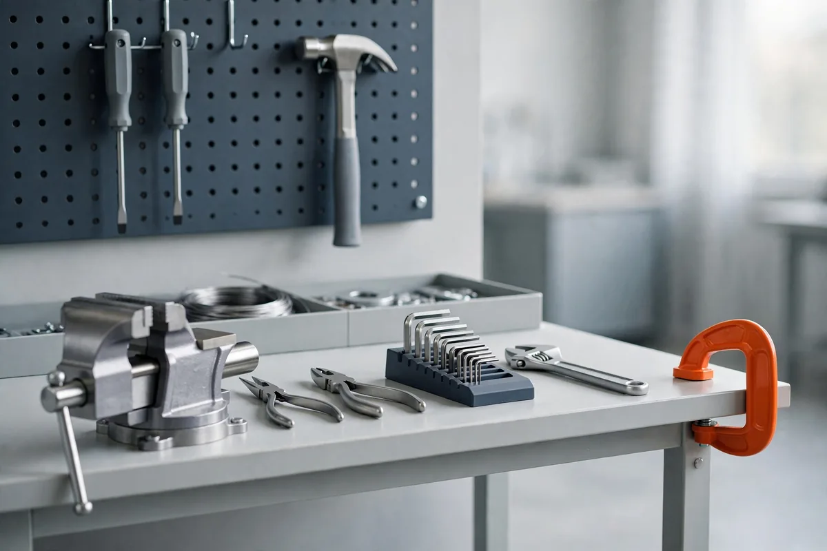 A workbench with tools