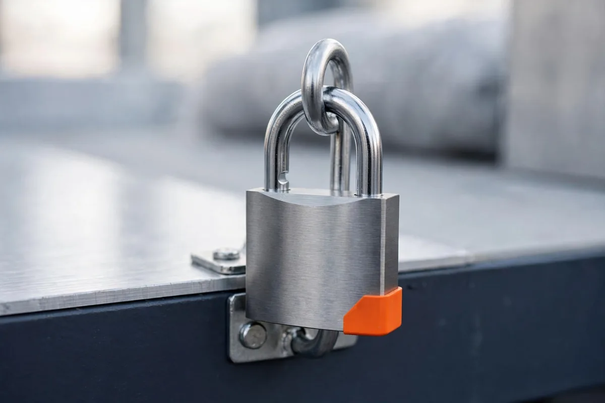 A steel padlock on a hasp