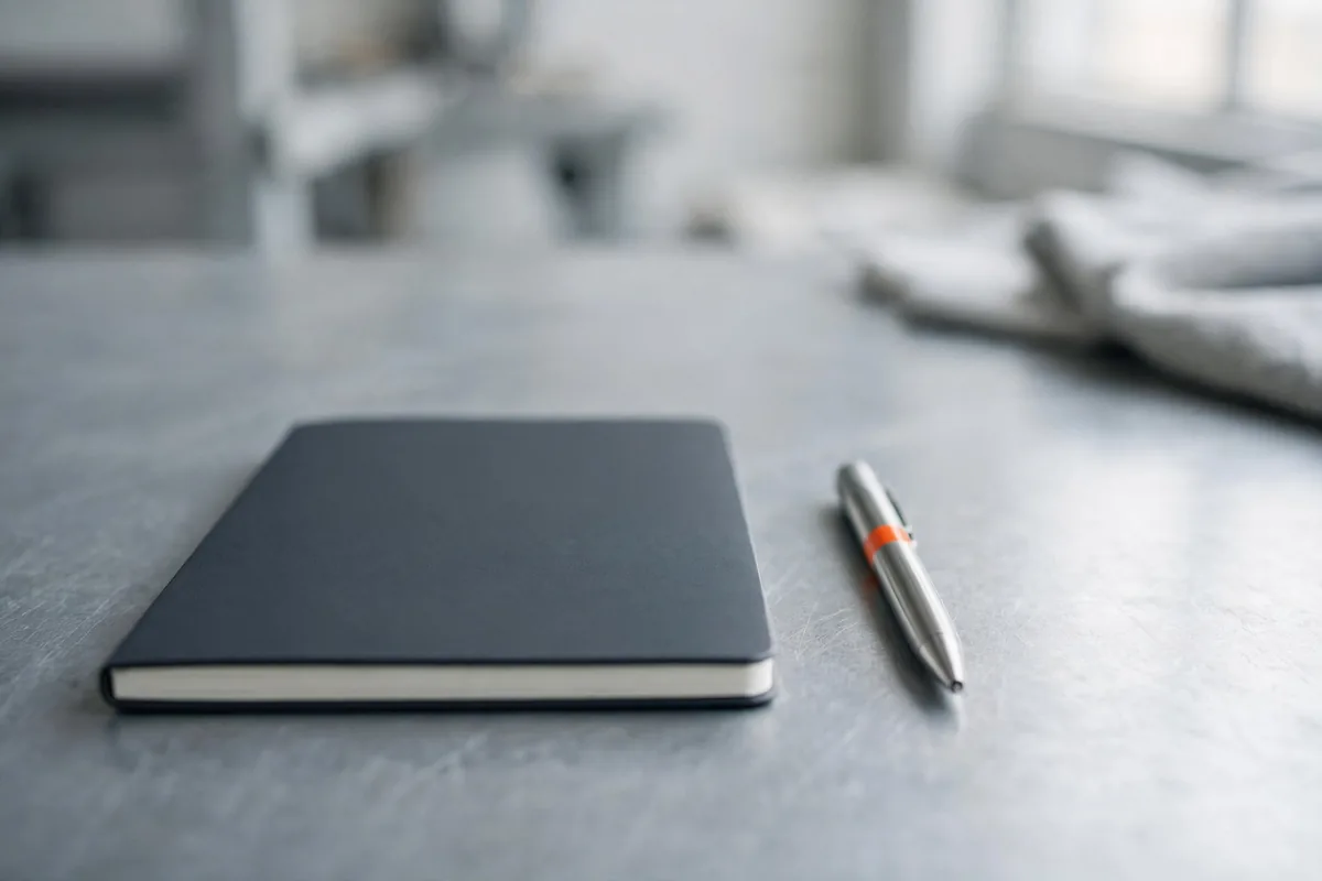 A blank notebook beside a pen on steel